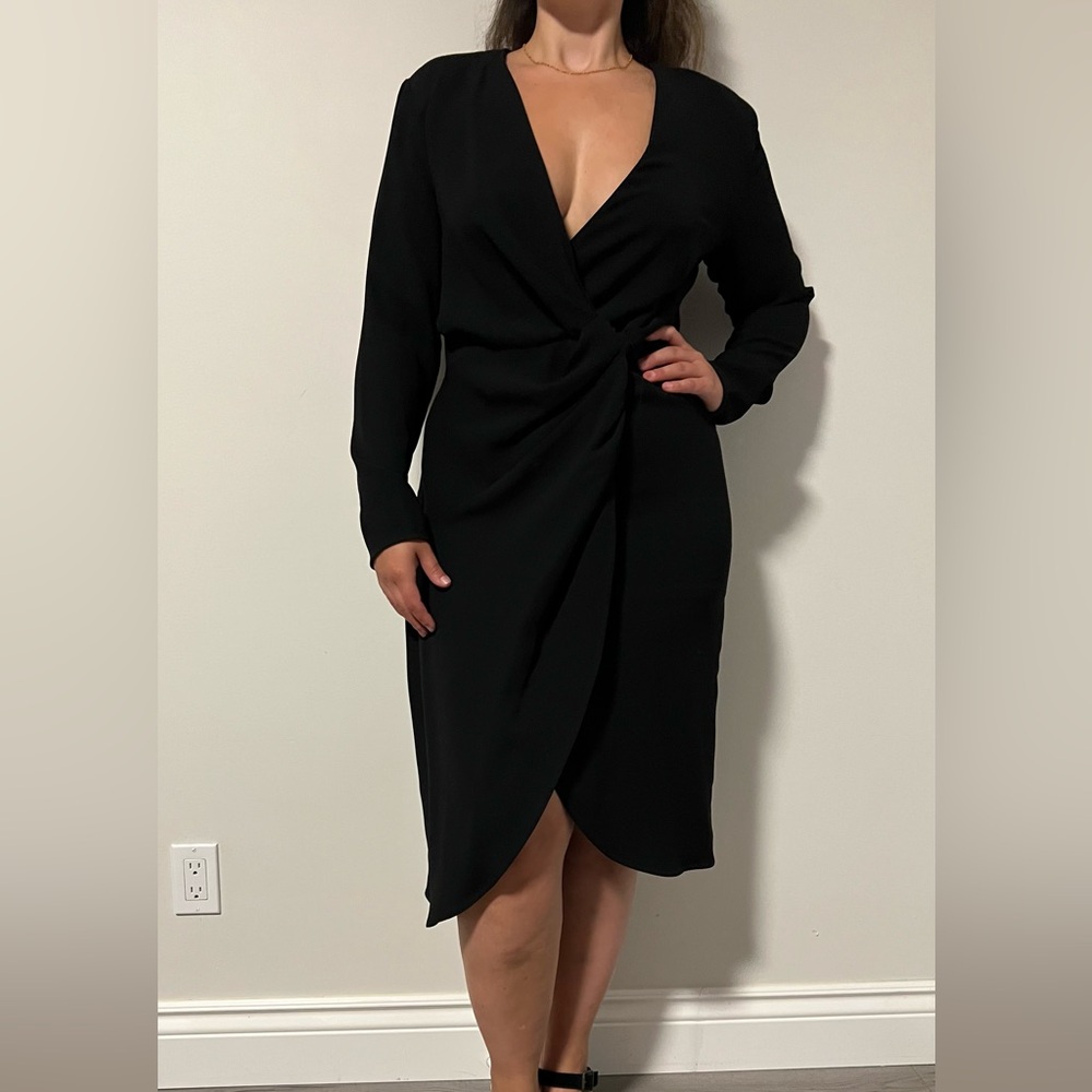 Babaton Black Long-Sleeve Wrap Midi Dress